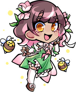 1girl bee bow brown_bow brown_hair brown_shoes bug chibi dark-skinned_female dark_skin densetsu.exe dress flower green_dress hair_flower hair_ornament highres insect looking_at_viewer multicolored_hair open_mouth orange_eyes phoebe_(vtuber) pink_flower pink_hair shoes short_hair solo standing standing_on_one_leg thighhighs virtual_youtuber white_thighhighs x3dustco