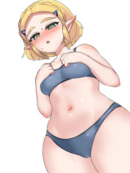 1girl blonde_hair blush bra braid breasts commentary_request cowboy_shot crown_braid from_below green_eyes grey_bra grey_panties hands_on_own_chest highres medium_breasts navel nintendo panties parted_lips pointy_ears princess_zelda short_hair simple_background solo stomach sweat the_legend_of_zelda the_legend_of_zelda:_tears_of_the_kingdom underwear underwear_only wasabi_(legemd) white_background