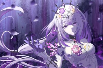 1girl absurdres bare_shoulders black_tiara breasts castorice_(honkai:_star_rail) chinese_commentary commentary_request dress falling_petals flower gloves hair_flower hair_ornament hehe_baxianguohai_zhong highres honkai:_star_rail honkai_(series) long_hair medium_breasts petals pointy_ears purple_eyes purple_gloves purple_hair solo tiara very_long_hair white_dress