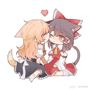 2girls :/ animal_ears ascot bare_shoulders black_dress black_hair blonde_hair blush bow braid cat_ears chinese_commentary commentary detached_sleeves dog_ears dog_tail dress extra_ears frilled_bow frills from_behind hair_bow hakurei_reimu heart hitte5416 kemonomimi_mode kirisame_marisa kiss kissing_cheek long_sleeves looking_at_another multiple_girls no_headwear puffy_short_sleeves puffy_sleeves red_bow red_eyes red_skirt red_vest seiza shirt short_sleeves sitting skirt skirt_set socks tail touhou vest watermark white_bow white_shirt white_socks wide_sleeves yellow_ascot yuri