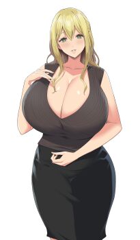 1girl black_skirt blonde_hair blush breasts cleavage collarbone green_eyes hair_between_eyes hand_on_own_chest huge_breasts kloah long_hair looking_at_viewer parted_lips pencil_skirt shirt skirt sleeveless sleeveless_shirt smile solo standing teeth third-party_edit transparent_background
