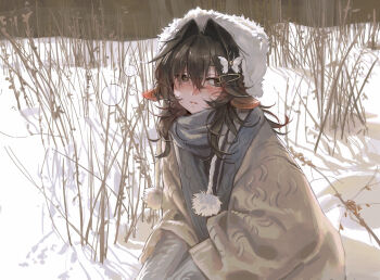 1girl animal_ears black_eyes black_hair brown_sweater butterfly_hair_ornament closed_mouth commentary_request day droopy_ears fur-trimmed_headwear fur_trim grey_scarf hair_between_eyes hair_intakes hair_ornament hairclip highres kirihara_aki kuzakura_yako_(kirihara_aki) light_blush medium_hair mole mole_under_eye nature original outdoors scarf sitting snow snowing solo sweater thick_eyebrows upper_body winter