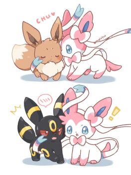 ! animal_focus blue_eyes blue_sclera blush bow colored_sclera eevee evolution fang gen_1_pokemon gen_2_pokemon gen_6_pokemon kana_(maple926) nintendo no_humans open_mouth pokemon pokemon_(creature) red_eyes red_sclera ribbon simple_background sitting sylveon transformation umbreon white_background
