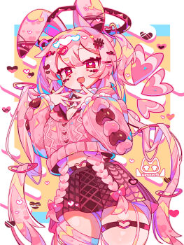 Rule 34 | 1girl, absurdres, animal ears, artist logo, blush, bow, bright pupils, commentary request, cowboy shot, cropped sweater, donut, floppy ears, food, hair between eyes, hair ornament, hairclip, hands up, heart, heart-shaped pupils, heart hair ornament, highres, logo, long hair, long sleeves, looking at viewer, multicolored hair, multicolored nails, nail polish, o-ring, o-ring thigh strap, open mouth, original, pink hair, pleated skirt, puffy long sleeves, puffy sleeves, rabbit ears, red eyes, red nails, shiki (uenomigi), skindentation, skirt, solo, sweater, symbol-shaped pupils, thigh strap, too many hair ornaments, uenomigi, valentine, variant set, very long hair, white pupils