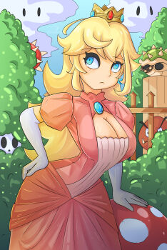 1girl absurdres arm_support blonde_hair blue_eyes breasts cleavage cleavage_cutout clothing_cutout dress gloves goomba hand_on_own_hip highres large_breasts leaning_forward long_hair mario_(series) nintendo peeking princess princess_peach shy_guy solo