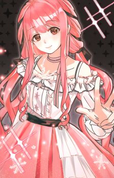 1girl bare_shoulders bead_necklace beads belt black_background black_belt black_bow black_ribbon bow bow_choker bowtie brown_eyes buttons center_frills chinese_commentary choker closed_mouth clothing_cutout commentary_request cowboy_shot dot_nose four-pointed_star frilled_shirt frilled_skirt frilled_sleeves frills grey_outline hair_between_eyes hair_bow hair_ribbon happy hexagram highres infinity_nikki jewelry layered_skirt light_blush lips long_hair long_sidelocks long_sleeves low_twintails necklace nikki_(nikki) nikki_(series) off-shoulder_shirt off_shoulder outline outstretched_hand perfect_start_(infinity_nikki) pink_bow pink_bowtie pink_choker pink_hair pink_lips pink_skirt pleated_skirt print_skirt puffy_long_sleeves puffy_sleeves redrawn ribbon shirt shoulder_cutout sidelocks single_stripe skirt smile snowflake_print snowflakes solo sparkle standing star_(symbol) star_necklace star_symbol_background striped_bow striped_bowtie striped_choker striped_clothes tareme tress_ribbon twintails very_long_hair wavy_hair white_shirt white_skirt xinjinjumin058745237148