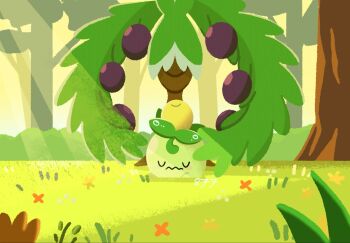 arboliva closed_eyes closed_mouth flower grass highres iltuki leaf nintendo no_humans olive outdoors pokemon pokemon_(creature) pokemon_focus sleeping smoliv tree wavy_mouth