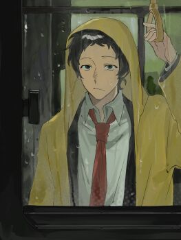 Rule 34 | 1boy, absurdres, adachi tooru, black eyes, black hair, black jacket, closed mouth, coat, collared shirt, feitian yimian shen jiao wan sui, highres, hood, hood up, jacket, long sleeves, looking outside, male focus, messy hair, necktie, persona, persona 4, rain, red necktie, shirt, short hair, solo, train, white shirt, yellow coat