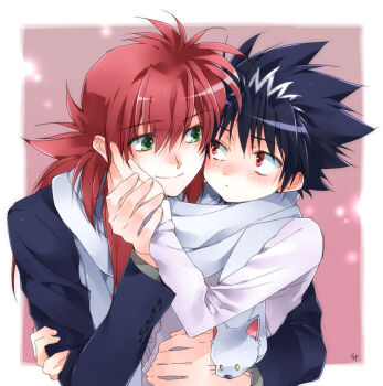2boys age_difference black_hair blush green_eyes hiei kurama_(yu_yu_hakusho) male_focus multiple_boys onii-shota red_eyes red_hair scarf shared_clothes shared_scarf sharing short_hair smile spiked_hair toujou_sakana yaoi yuu_yuu_hakusho