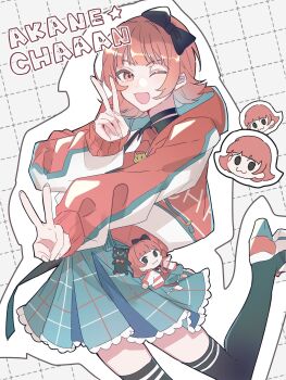 1girl :3 black_bow black_thighhighs blue_skirt bow character_doll character_name doll double_v hair_bow hand_up hayamachi high_heels highres idolmaster idolmaster_million_live! jacket leg_up looking_at_viewer nonohara_akane one_eye_closed open_mouth outline pleated_skirt red_eyes red_hair short_hair skirt smile solo stuffed_animal stuffed_cat stuffed_toy thighhighs v white_outline