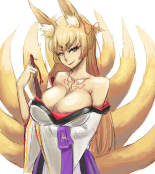 Rule 34 | 1girl, aged up, animal ear fluff, animal ears, bare shoulders, blonde hair, breast hold, breasts, cleavage, closed mouth, cowboy shot, eyebrows, eyeliner, female focus, folding fan, fox ears, fox tail, green eyes, hair ornament, hair ribbon, hakama, hakama skirt, hand fan, hand up, hikimayu, holding, holding fan, japanese clothes, kimono, kitsune, kyuubi, large breasts, light smile, long hair, long sleeves, looking at viewer, makeup, mon-musu quest!, multiple tails, off shoulder, one side up, ribbon, sash, simple background, sketch, skirt, smile, smirk, solo, spoilers, standing, tail, tamamo (mon-musu quest!), tassel, tattoo, torotoro resistance, very long hair, white background, wide sleeves, wizard898
