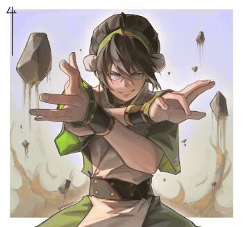 1girl avatar:_the_last_airbender avatar_legends belt black_hair blind blue_background blue_eyes blush border commentary cowboy_shot crossed_bangs english_commentary fighting_stance foreshortening geokinesis green_hairband green_pants green_shirt hair_between_eyes hair_bun hairband highres looking_at_viewer outdoors outside_border pants parted_lips pelvic_curtain pom_pom_(clothes) sand shirt shitakara4 single_hair_bun smirk solo studded_belt teeth toph_beifong two-tone_shirt white_border white_shirt wristband