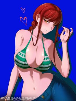 Rule 34 | bikini, bikini top only, blue background, breasts, chainsaw man, cosplay, denim, green bikini, jeans, large breasts, makima (chainsaw man), nami (one piece), nami (one piece) (cosplay), opalis, pants, red hair, swimsuit, yellow eyes