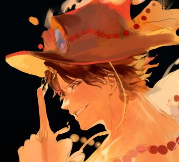 1boy black_background black_hair commentary fire freckles hat jewelry looking_at_viewer lucis0407 male_focus necklace one_piece orange_hat pearl_necklace portgas_d._ace short_hair smile solo symbol-only_commentary
