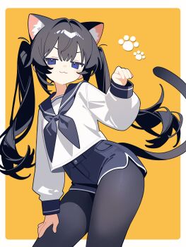 1girl :3 animal_ear_fluff animal_ears black_pantyhose blue_eyes blue_neckerchief blue_sailor_collar blue_shorts border breasts cat_ears cat_girl cat_tail closed_mouth commentary cowboy_shot cropped_shirt denim denim_shorts extra_ears grey_hair grey_tail hair_between_eyes hair_intakes hand_on_own_thigh hand_up head_tilt highres jitome leaning_forward light_blush llucilab long_hair long_sleeves looking_at_viewer narrowed_eyes neckerchief orange_background original outside_border pantyhose paw_pose paw_print puffy_long_sleeves puffy_sleeves sailor_collar sailor_shirt shirt short_shorts shorts sidelocks simple_background small_breasts smile smug solo standing taby_(llucilab) tail twintails v-shaped_eyebrows white_border white_shirt