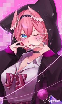 1girl absurdres animal_ear_hood animal_ears bibib_goza blue_eyes bow breasts cat_ears choker cleavage collared_shirt double_v facial_mark fake_animal_ears gyaru gyaru_makeup head_wings highres hololive hood hoodie jacket jewelry large_breasts long_sleeves looking_at_viewer makeup nail_polish necklace onee_gyaru piercing pink_hair plaid_clothes plaid_skirt shirt shirt_bow short_hair signature skirt solo star_on_cheek takane_lui tongue tongue_out tongue_piercing upper_body v virtual_youtuber white_shirt wings