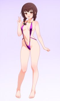 1girl absurdres braid breasts brown_eyes brown_hair covered_erect_nipples dullahan_(alekey_art) fire_emblem grey_background highres minamoto_mamori navel nintendo open_mouth small_breasts standing swimsuit tokyo_mirage_sessions_fe twin_braids