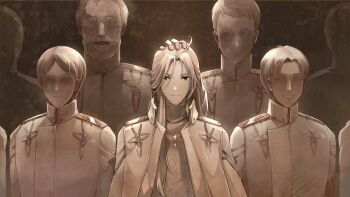 4others 5boys ahoge balding beard character_request closed_mouth faceless faceless_male facial_hair game_cg grin hand_on_another's_head highres jacket looking_at_viewer male_focus monochrome multiple_boys multiple_others mustache non-web_source official_art open_clothes open_jacket open_mouth sepia smile tate_no_yuusha_no_nariagari tate_no_yuusha_no_nariagari_rise turtleneck