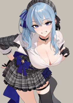 1girl alternate_breast_size_(larger) beret black_choker black_gloves black_thighhighs blue_eyes blue_hair blue_ribbon breasts choker collared_shirt cowboy_shot crossed_bangs double-parted_bangs dress dress_shirt frilled_dress frills gloves grey_background grey_dress grey_hat grin hair_between_eyes hair_ribbon hashtag-only_commentary hat highres hololive hongcasso hoshimachi_suisei hoshimachi_suisei_(1st_costume) large_breasts leaning_forward light_blush long_sleeves looking_at_viewer partially_fingerless_gloves pendant_choker plaid_clothes plaid_dress plaid_hat pleated_dress ribbon shirt side_ponytail simple_background single_thighhigh smile solo standing star_(symbol) star_choker thigh_strap thighhighs virtual_youtuber white_shirt