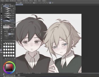 2boys antenna_hair art_program_in_frame basil_(faraway)_(omori) basil_(omori) black_eyes black_hair black_sweater_vest blonde_hair blue_eyes blush closed_mouth collared_shirt double-parted_bangs hair_between_eyes looking_at_viewer male_focus multiple_boys omori shirt short_hair sidelocks sunny_(omori) sweater_vest tearing_up unfinished white_shirt wktdms1