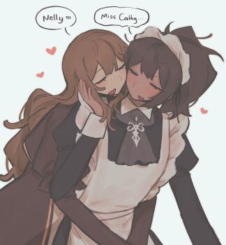 2girls apron black_dress black_hair blue_background blush brown_hair catherine_(project_moon) closed_eyes commentary dress english_commentary hand_on_another&#039;s_face heart highres hug hug_from_behind juliet_sleeves limbus_company long_hair long_sleeves maid_headdress multiple_girls nelly_(project_moon) open_mouth project_moon puffy_sleeves purple_dress simple_background smile white_apron white_headdress yobunkiii yuri