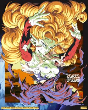 armpits blonde_hair blue_eyes border breasts breasts_out colored_skin dragon_ball dragonball_z earrings elucestudio green_skin highres jacket jewelry long_hair medium_breasts necklace nipples pointy_ears torn_clothes torn_jacket torn_sleeves zangya