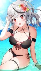 Rule 34 | 1girl, absurdres, arm garter, bare shoulders, bikini, black bikini, black hair, blush, breasts, cleavage, grey hair, hair ornament, highres, hololive, large breasts, long hair, looking at viewer, multicolored hair, open mouth, outdoors, ponytail, red eyes, sakamata chloe, satsuki (pixiv 742410), side-tie bikini bottom, smile, solo, streaked hair, swimsuit, thighs, virtual youtuber, x hair ornament