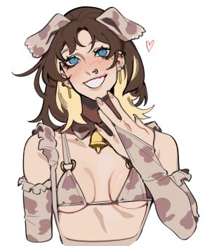 1girl animal_ears animal_print artist_self-insert bell bikini blonde_hair blue_eyes breasts bridal_gauntlets brown_hair colored_inner_hair commentary cow_ears cow_print cow_print_bikini cow_print_gloves cowbell detached_collar ear_piercing earrings elbow_gloves english_commentary face_piercing fake_animal_ears fingernails gloves highres hoop_earrings jewelry martini_(porqueloin) micro_bikini mole mole_under_eye multicolored_hair neck_bell nose_piercing nose_ring piercing porqueloin print_bikini print_gloves real_life real_life_insert small_breasts solo swimsuit two-tone_hair upper_body