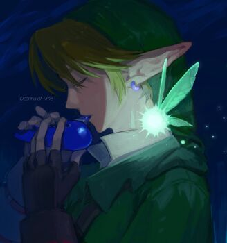 Rule 34 | 1boy, 9twoeight, arms up, blonde hair, blue background, closed eyes, collared shirt, copyright name, earrings, fairy, fingerless gloves, from side, gloves, green hat, green tunic, hashtag-only commentary, hat, highres, holding, holding instrument, instrument, jewelry, link, long pointy ears, male focus, music, nintendo, ocarina, piercing, playing instrument, pointy ears, shirt, solo focus, the legend of zelda, the legend of zelda: ocarina of time, tunic, upper body, white shirt
