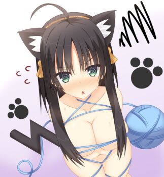 Rule 34 | 1girl, @ @, ahoge, animal ear fluff, animal ears, black hair, blush, breasts, cat day, cat ears, cat girl, cat tail, cleavage, collarbone, commentary, convenient hair, cowboy shot, dutch angle, embarrassed, expressive tail, eyes visible through hair, flying sweatdrops, gradient background, green eyes, hair between eyes, hair ornament, hair over breasts, hitachi mako, kanaya (cybelekanaya), kemonomimi mode, large breasts, looking at viewer, naked yarn, navel, nose blush, open mouth, paw print, purple background, senren banka, short hair with long locks, simple background, solo, squiggle, straight hair, sweat, tail, tassel, tassel hair ornament, thigh gap, triangle mouth, two-tone background, v-shaped eyebrows, white background, yarn, yarn ball