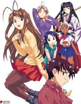 1boy 2000s_(style) 5girls ahoge antenna_hair aoyama_motoko black_hair blue_eyes blue_hoodie blue_sailor_collar blue_serafuku blue_skirt brown_eyes brown_hair brown_pantyhose choker collarbone collared_shirt commentary_request company_name cropped_shirt dark-skinned_female dark_skin falling_petals glasses grey_hair hakama hakama_skirt hand_up highres hood hoodie japanese_clothes kaolla_su kimono konno_mitsune long_hair long_sleeves looking_at_viewer love_hina maehara_shinobu multiple_girls narusegawa_naru navel neckerchief official_art over-rim_eyewear pantyhose petals pink_shirt pleated_skirt profile purple_eyes purple_sweater red_hakama red_neckerchief red_skirt sailor_collar school_uniform second-party_source semi-rimless_eyewear serafuku shinai shirt short_hair short_sleeves signature simple_background skirt smile sweater sword uno_makoto urashima_keitarou very_long_hair weapon white_background white_hair white_kimono white_shirt yellow_sweater