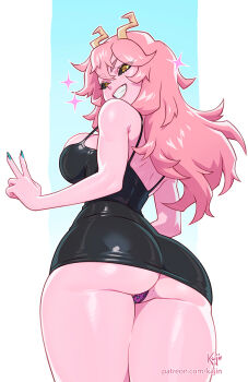 1girl aged_up animal_print aqua_nails ashido_mina ass black_dress black_sclera boku_no_hero_academia breasts colored_sclera colored_skin commentary cowboy_shot dress fingernails from_below from_side grin highres horns kajin_(kajinman) large_breasts leopard_print leopard_print_panties light_blush long_fingernails long_hair looking_at_viewer microdress mole mole_on_ass nail_polish panties pantyshot patreon_username pencil_dress pink_hair pink_skin print_panties purple_panties sleeveless sleeveless_dress smile solo sparkle standing thighs_together turning_head underwear v watermark web_address yellow_eyes yellow_horns