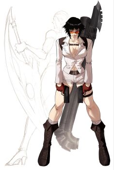 black_hair blue_eyes boots breasts brown_boots devil_may_cry devil_may_cry_(series) devil_may_cry_4 dual_wielding full_body heterochromia highres holding jacket lady_(devil_may_cry) no_bra omegaa_7 red-tinted_eyewear red_eyes short_hair short_shorts shorts standing sword tinted_eyewear trish_(devil_may_cry) weapon white_jacket