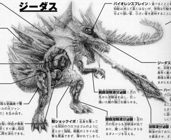 anatomy artist_request biology bone brain chart cropped cross-section diagram frills gamera_(series) gamera_the_brave heart intestines japanese_text kadokawa kaiju lizard long_tongue lungs monochrome official_art organs science science_fiction sea_monster skeleton spikes stomach tail tongue tongue_out translation_request very_long_tongue x-ray zedus