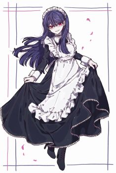 1girl apron black_choker black_dress choker commentary_request dress earrings frilled_apron frills glasses grin hair_ornament highres jewelry long_hair long_sleeves looking_at_viewer maid maid_apron maid_headdress official_alternate_costume okura_0915 purple_hair red_eyes shizuhara_hiruko skirt_hold sleeve_cuffs smile solo the_hundred_line_-last_defense_academy- white_apron white_background