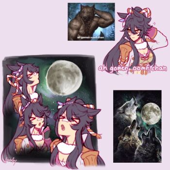 >_< 1girl ah_gomen_oomf_chan_(meme) animal_ears awooo_(meme) bandaid bandaid_on_face bandaid_on_nose black_hair breasts cleavage coat commentary double-parted_bangs drachen_ivy english_commentary full_moon hair_between_eyes horse_ears horse_girl howling large_breasts long_hair meme moon multiple_views narita_brian_(maverick)_(umamusume) narita_brian_(umamusume) open_clothes open_coat open_mouth profile purple_background reference_inset romaji_text scratching_head signature three_wolf_moon_shirt_(meme) umamusume white_coat wolf yellow_eyes