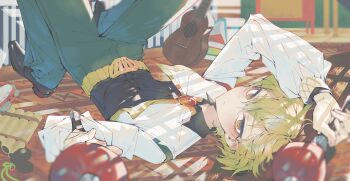 Rule 34 | 1boy, absurdres, bad id, bad twitter id, belt, black shirt, black shoes, blonde hair, blurry, blurry foreground, closed mouth, commentary, green pants, hair between eyes, highres, holding, holding instrument, holding maracas, inactive account, instrument, jacket, korean commentary, looking at viewer, los mariachis (identity) (project moon), lying, male focus, maracas, maratang, on back, pants, project moon, shirt, shoes, sinclair (project moon), white jacket, yellow belt, yellow eyes