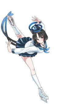 1girl :/ absurdres animal_ear_fluff animal_ears black_eyes black_hair blue_archive blue_halo blue_sailor_collar blue_skirt blunt_ends blush bob_cut breasts bright_pupils cat_ears cat_girl cat_tail closed_mouth commentary_request dutch_angle eyeshadow frown full_body halo highres ice_skates ice_skating kikyou_(blue_archive) kneehighs long_sleeves looking_at_viewer makeup medium_breasts miniskirt multiple_tails pleated_skirt red_eyeshadow sailor_collar school_uniform serafuku shangdi_de_fa_zhang shirt short_hair simple_background skates skating skirt socks solo split standing standing_on_one_leg tail two_tails v-shaped_eyebrows white_background white_pupils white_shirt white_socks