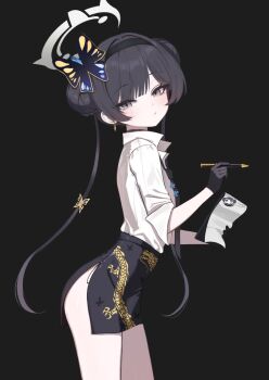 black_background blue_archive butterfly_hair_ornament double_bun dragon_print gangbyeon hair_bun hair_ornament hairband halo holding holding_notepad holding_pencil kisaki_(blue_archive) looking_at_viewer necktie notepad pencil pencil_skirt shirt side_slit skirt souvenir_doll_(blue_archive)