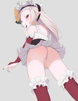 1girl absurdres anus ass black_dress blush bonnet cleft_of_venus dress fingernails floral_print flower grey_hair hair_flower hair_ornament heterochromia highres izumi_kumi kuroshiro00 loli long_hair looking_at_viewer orange_eyes original pointy_ears pussy red_eyes sharp_fingernails sharp_teeth solo tagme teeth thighhighs uncensored upskirt vampire
