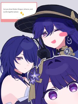 3girls acheron_(honkai:_star_rail) bare_shoulders black_choker blunt_bangs blush choker close-up crossover detached_sleeves earrings genshin_impact hair_between_eyes hair_intakes hair_over_one_eye hand_up hat highres honkai:_star_rail honkai_(series) in-franchise_crossover japanese_clothes jewelry long_hair long_sleeves looking_at_viewer looking_to_the_side lucilla_(wuthering_waves) marshmallow_(site) multicolored_hair multiple_girls nemui_02190 one_eye_closed purple_eyes purple_hair raiden_shogun sawashiro_miyuki streaked_hair upper_body v voice_actor_connection wuthering_waves