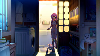 1girl absurdres animal azur_lane bad_id bad_pixiv_id bath blue_hair blush book bookmark bra breasts colored_eyelashes commentary dalian_(1457091741) dress female_focus gradient_hair hair_censor hair_over_breasts highres indoors laundry_basket long_hair looking_at_viewer map medium_breasts mirror multicolored_hair navel nipples nose_blush panties panty_pull parted_lips photo_(object) picture_frame purple_dress purple_eyes purple_hair pussy reflection shower_head solo standing standing_on_one_leg topless_female underwear underwear_only unicorn_(azur_lane) unworn_bra unworn_dress very_long_hair washing_machine white_bra white_panties window winged_unicorn