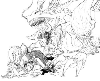 1girl absurdres amputee ass blood chaos_marie_(grimms_notes) chung_sung dragon eastern_dragon greyscale grimms_notes guro hair_ribbon highres ice_dragon_fo_(grimms_notes) long_hair monochrome monster open_mouth ribbon sharp_teeth simple_background teeth tongue white_background