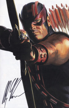1boy aiming aiming_at_viewer alex_ross aqua_eyes arrow_(projectile) avengers_(series) bow_(weapon) bracelet clint_barton comic_cover cover cover_page hawkeye_(marvel) holding holding_bow_(weapon) holding_weapon jewelry looking_at_viewer male_focus marvel mask merchandise_available muscular muscular_male official_art one_eye_in_shadow quiver realistic signature solo superhero_costume upper_body weapon western_comics_(style) white_background