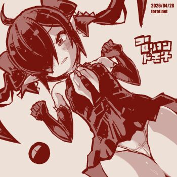 1girl ahoge backbeako_(torotei) backbeard bare_shoulders blush breasts commentary cowboy_shot dated dated_commentary dress dutch_angle elbow_gloves gegege_no_kitarou gloves hair_over_one_eye hair_ribbon hands_up kono_lolicon_domome long_hair looking_at_viewer monochrome neckerchief open_mouth original paid_reward_available panties pantyshot parted_lips pointy_ears red_theme ribbon simple_background sleeveless small_breasts solo torotei translated twintails underwear upskirt watermark web_address white_background