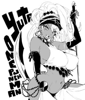 1girl bare_shoulders breasts dark-skinned_female dark_skin earrings elbow_gloves fingerless_gloves fuya_(tempupupu) gloves greyscale headband hexagram_hair_ornament hoop_earrings jewelry large_breasts long_hair looking_at_viewer monochrome navel one-punch_man open_mouth scimitar smile solo sword weapon yuta_(one-punch_man)