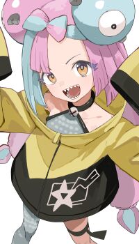 1girl :d absurdres arms_up blue_hair brown_eyes collarbone commentary_request feet_out_of_frame forehead grey_leotard grey_pantyhose highres iono_(pokemon) jacket leotard long_hair looking_at_viewer multicolored_hair nintendo open_mouth pantyhose pink_hair pokemon pokemon_sv sharp_teeth simple_background single_leg_pantyhose smile solo standing teeth two-tone_hair very_long_hair white_background yamamoto_souichirou yellow_jacket