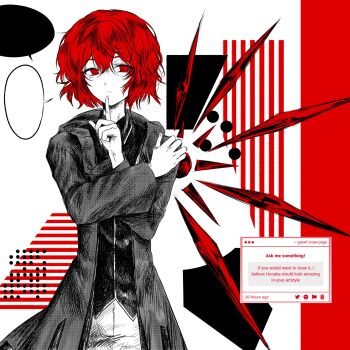 Rule 34 | 1other, abstract background, androgynous, blank speech bubble, closed mouth, collared shirt, cowboy shot, crystal wings, detached wings, dot nose, finger to own chin, gas wf, greyscale, hair between eyes, hand on own shoulder, highres, hood, hood down, hooded jacket, jacket, len'en, light frown, long sleeves, looking at viewer, monochrome, open clothes, open jacket, other focus, red eyes, red hair, red wings, screenshot inset, shirt, shitodo hooaka, short hair, shorts, single wing, solo, speech bubble, spot color, standing, tailcoat, white background, wide sleeves, wings