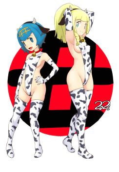 2girls animal_ears animal_print aqua_eyes armpits arms_behind_head belly bikini blonde_hair blue_eyes blue_hair blunt_bangs braid breasts chinese_zodiac choker clothing_cutout collarbone covered_erect_nipples cow_ears cow_horns cow_print cow_print_bikini cowbell elbow_gloves fake_animal_ears freckles full_body gloves hairband halterneck hand_on_own_hip hand_on_own_thigh highres horns lana_(pokemon) leotard lillie_(pokemon) long_hair looking_at_viewer multiple_girls neck_bell nintendo open_mouth pokemon pokemon_(anime) pokemon_sm_(anime) ponytail print_bikini print_leotard side_cutout simple_background smile standing swimsuit text_background thighhighs tof white_background white_hairband white_legwear year_of_the_ox
