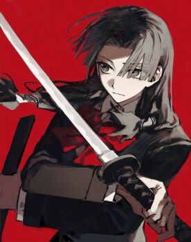 1girl absurdres black_eyes black_hair black_jacket blazer chinese_commentary collared_shirt commentary curtained_hair expressionless forehead hair_behind_ear highres holding holding_sheath holding_sword holding_weapon jacket kagurabachi katana long_hair looking_to_the_side low-tied_long_hair neckerchief parted_bangs qingyao_u3u red_background red_neckerchief reverse_grip samura_iori school_uniform sheath shirt simple_background solo sword upper_body weapon white_shirt